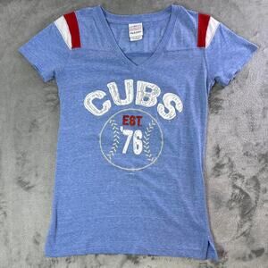 Y2K Chicago Cubs Women’s V Neck T Shirt Blue MLB Baseball Graphic Tee Size M